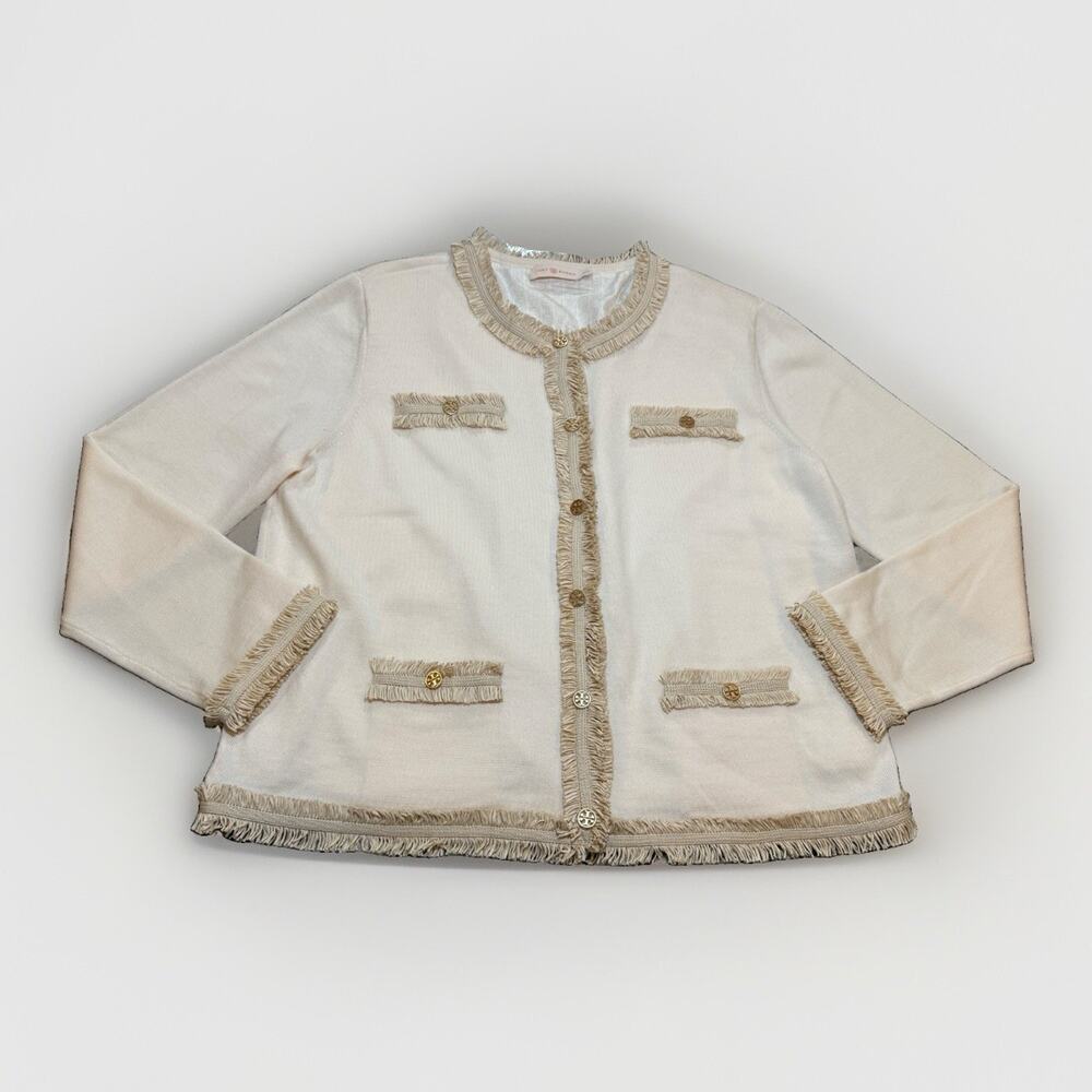 NWOT TORY BURCH Kendra Fringe Button Wool Cardigan Cream Sz XL